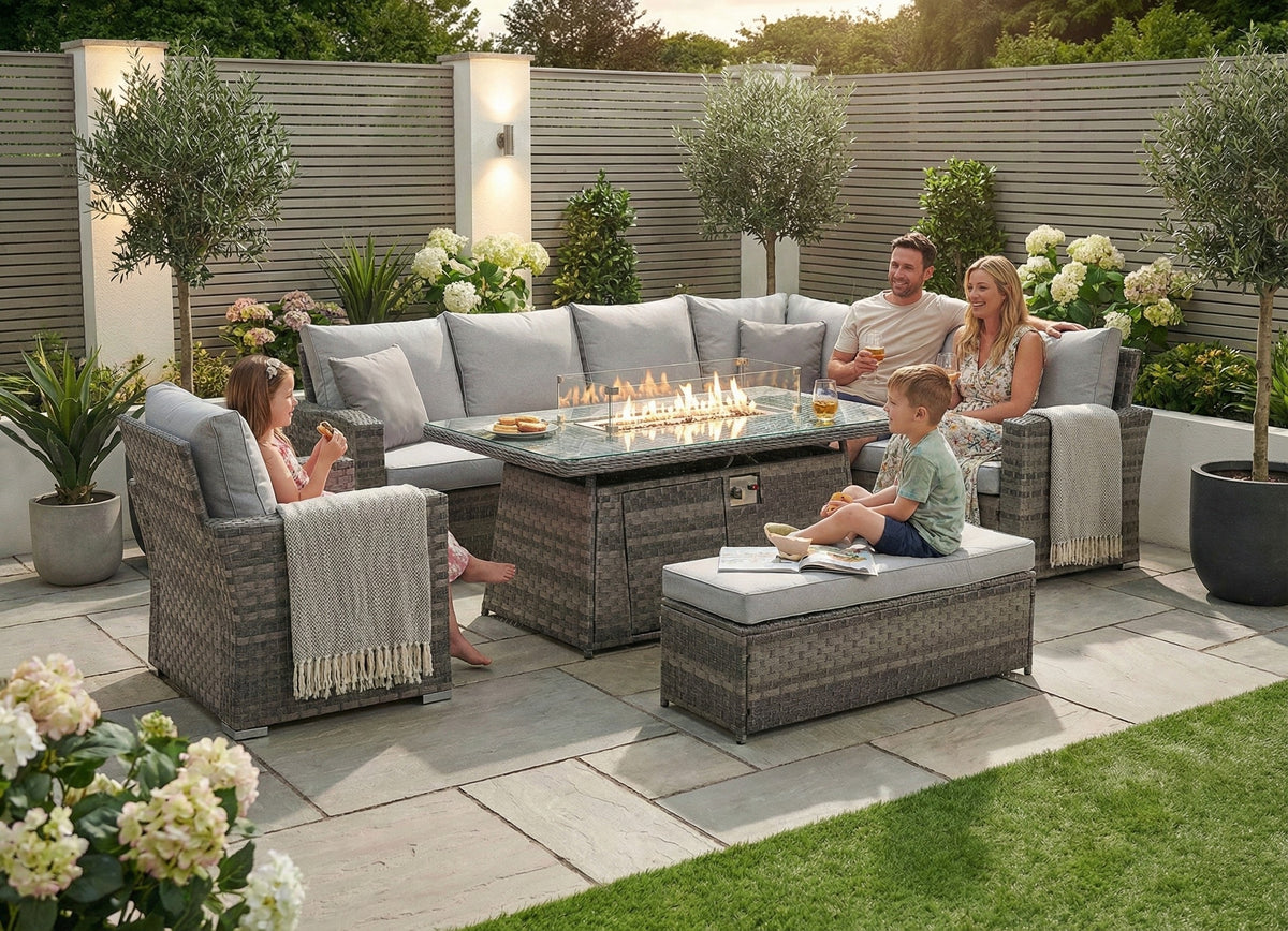 Icon Luxury Rattan Right Hand Corner Sofa Chair Bench and Fire Pit Table - Light Grey