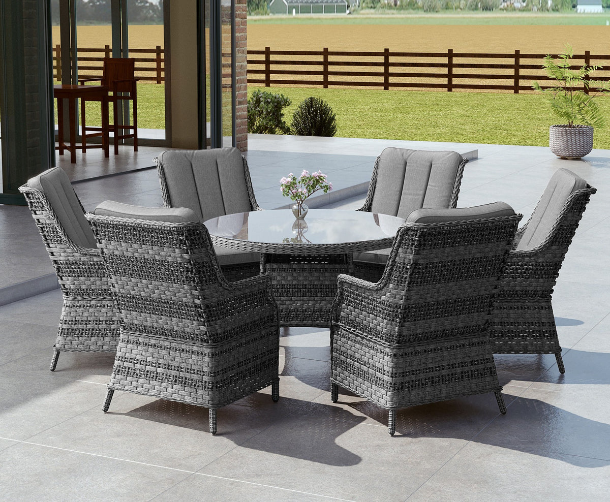 Icon Luxury 6 Seater Round Rattan Dining Set - Dark Grey