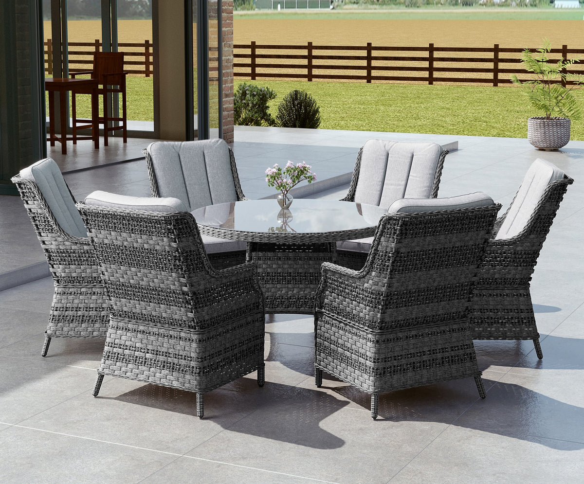 Icon Luxury 6 Seater Round Rattan Dining Set - Light Grey