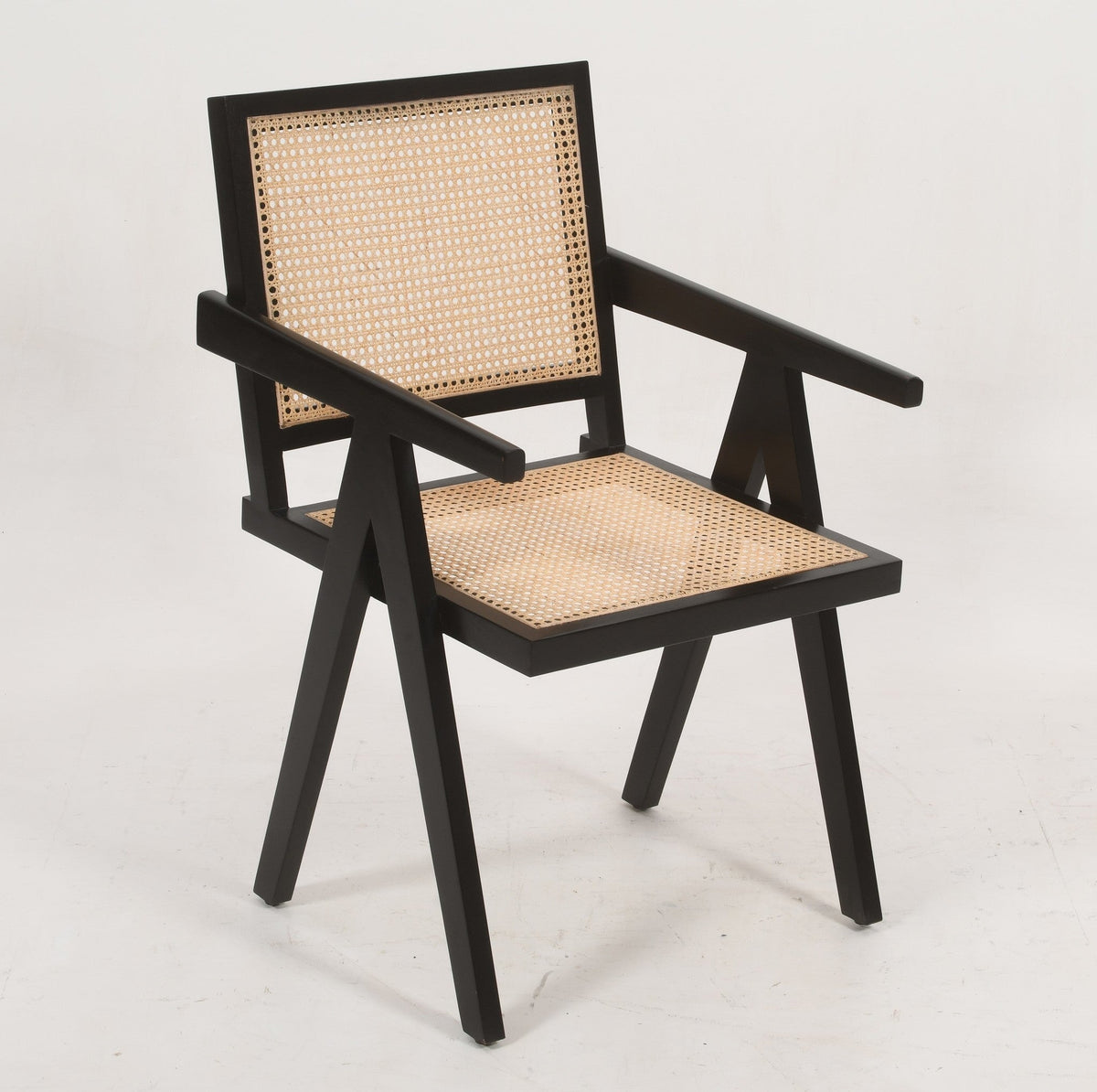 Pierre Jeanneret Solid Acacia Wood Dining Chair with Armrest | Black &amp; Cane Dining Chair Casa Maria Designs 
