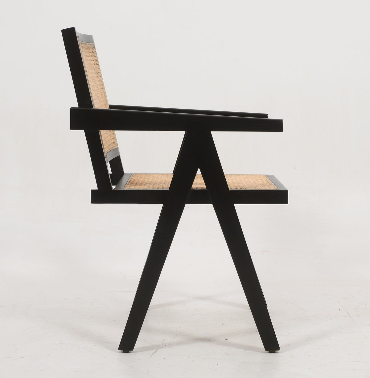 Pierre Jeanneret Solid Acacia Wood Dining Chair with Armrest | Black &amp; Cane Dining Chair Casa Maria Designs 