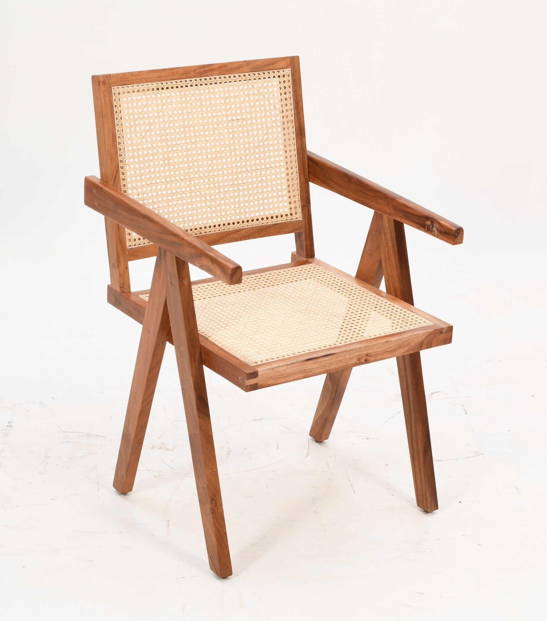 Pierre Jeanneret Solid Acacia Wood Dining Chair with Armrest | Natural & Cane Dining Chair Casa Maria Designs 