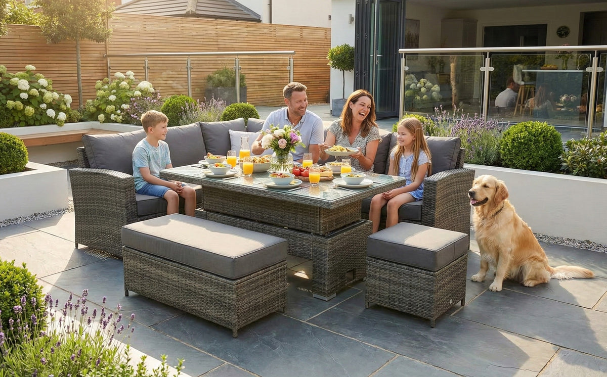 Kos Rattan Left Hand Corner Sofa, Rising Table, Stool & Bench - Mixed Grey / Dark