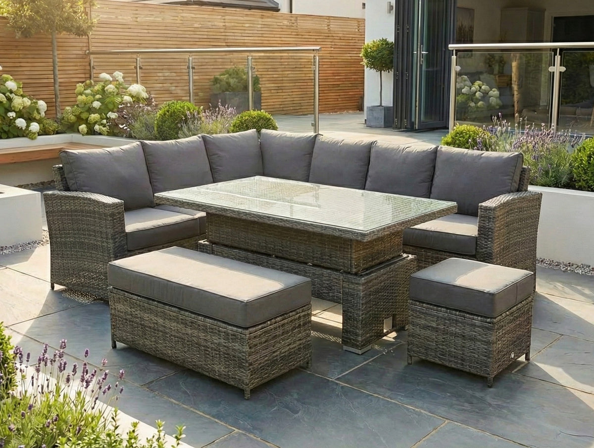 Kos Rattan Left Hand Corner Sofa, Rising Table, Stool & Bench - Mixed Grey / Dark