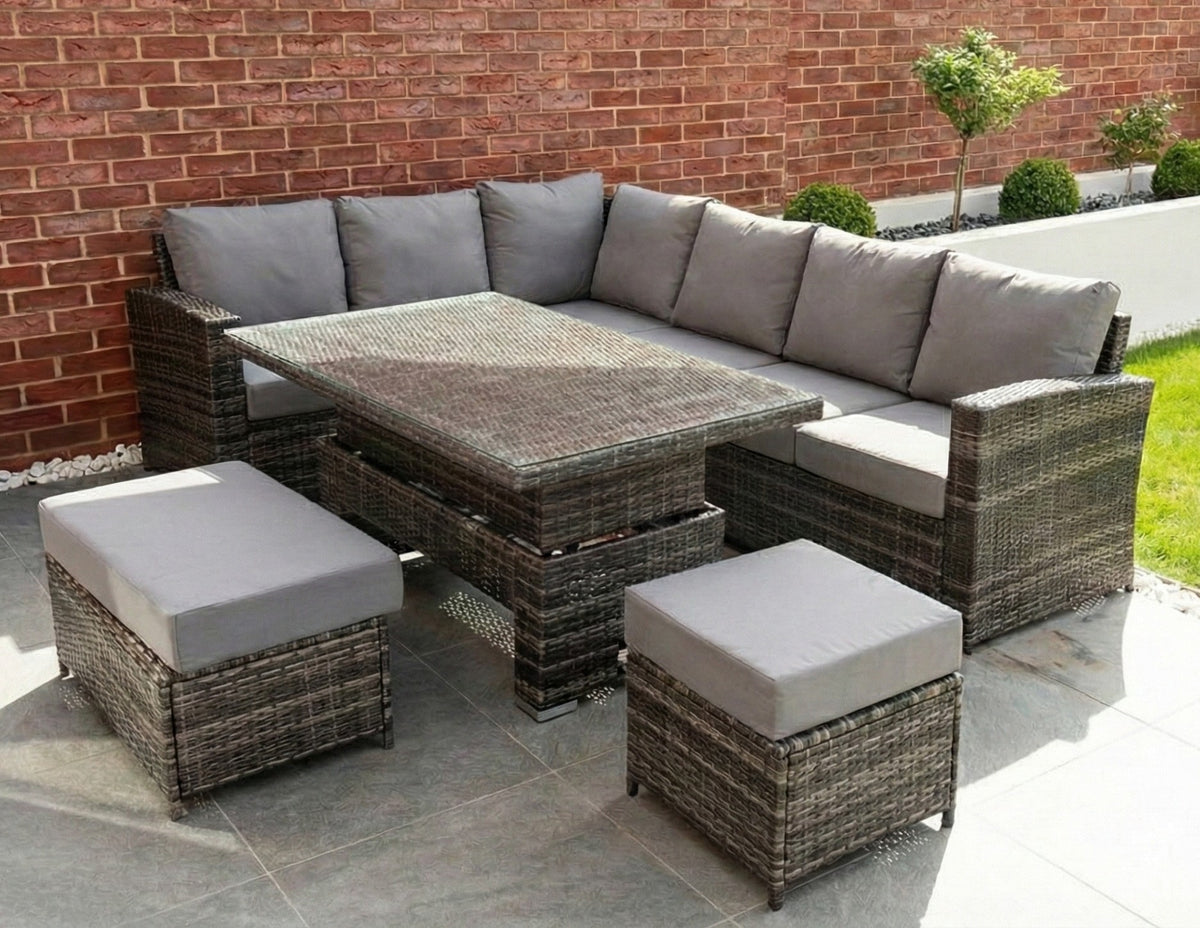 Kos Rattan Left Hand Corner Sofa, Rising Table, Stool & Bench - Mixed Grey / Light