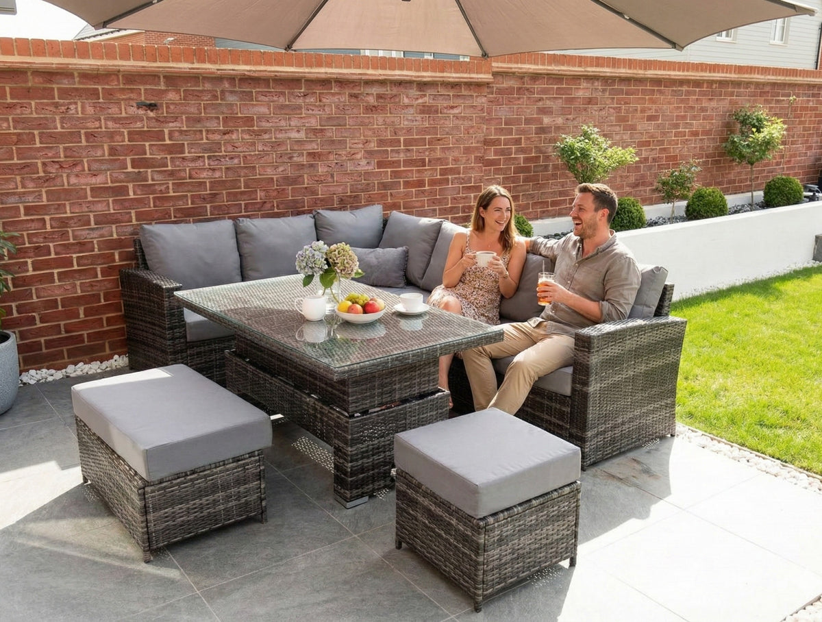 Kos Rattan Left Hand Corner Sofa, Rising Table, Stool & Bench - Mixed Grey / Light