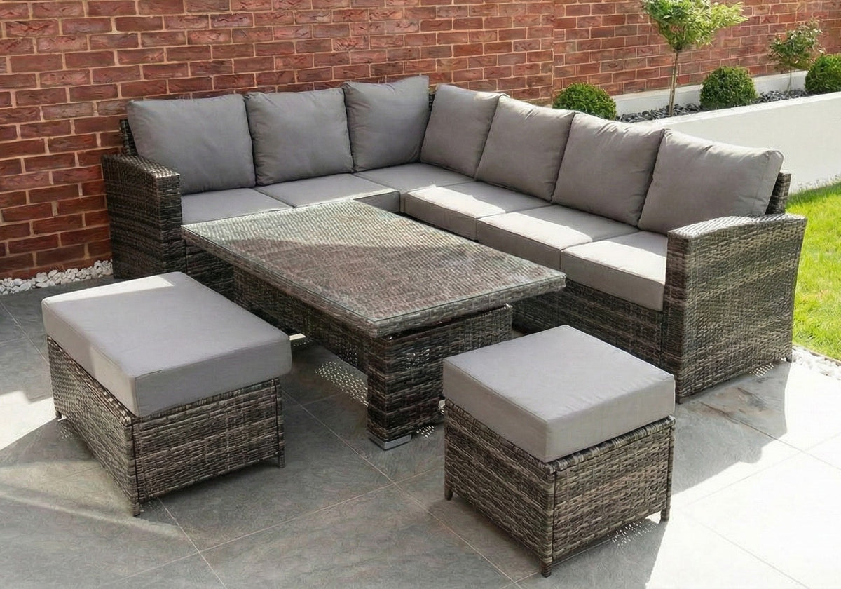 Kos Rattan Left Hand Corner Sofa, Rising Table, Stool & Bench - Mixed Grey / Light