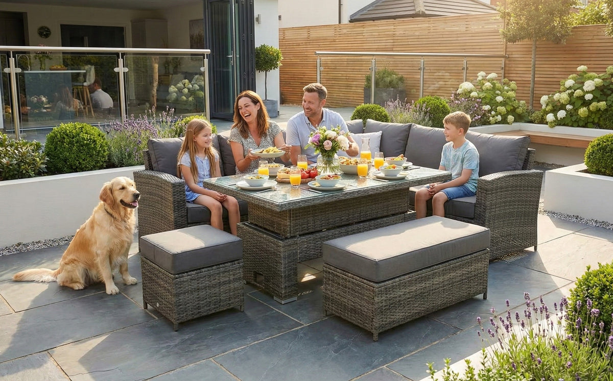 Kos Rattan Right Hand Corner Sofa, Rising Table, Stool & Bench - Mixed Grey / Dark