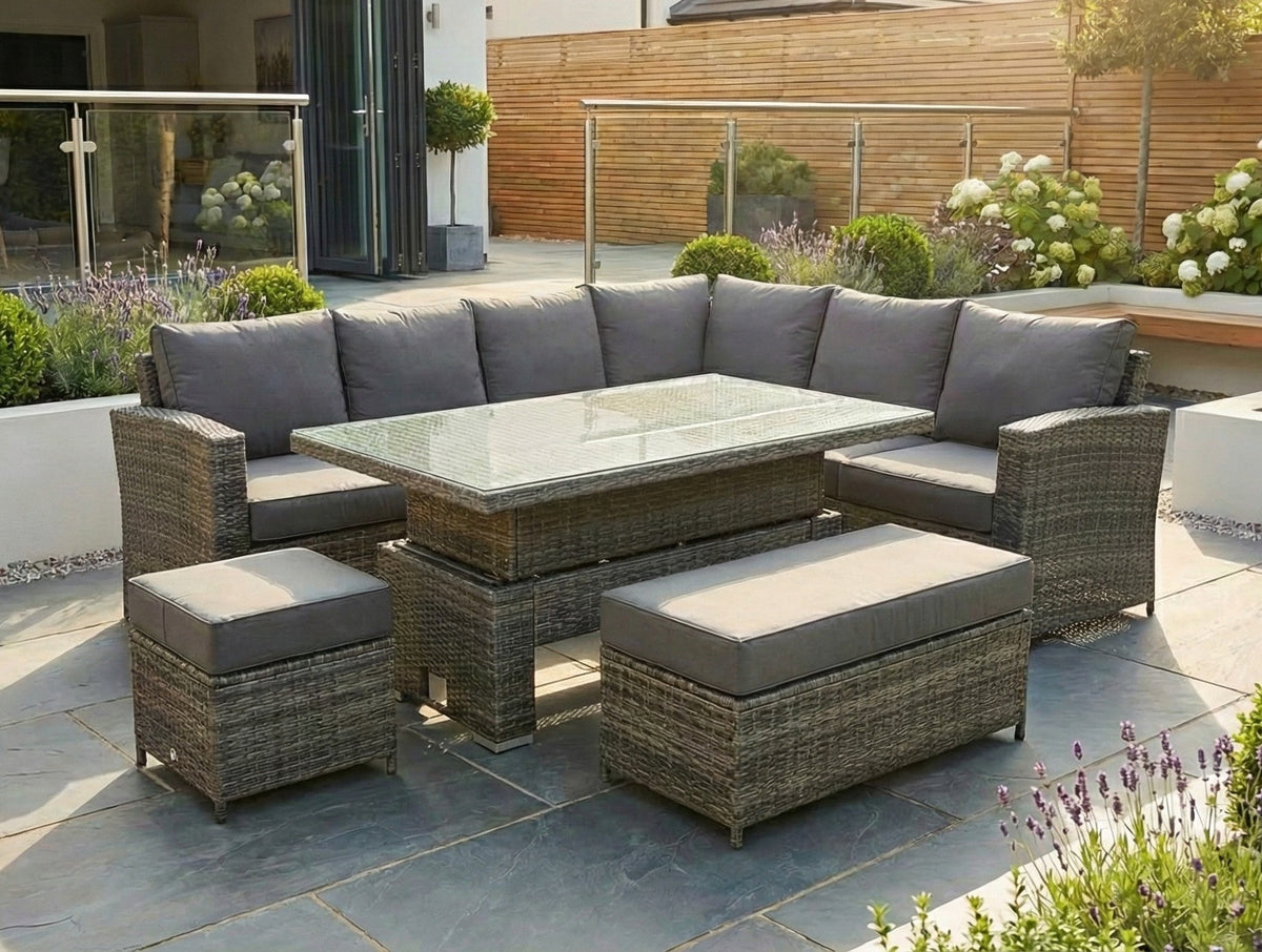 Kos Rattan Right Hand Corner Sofa, Rising Table, Stool & Bench - Mixed Grey / Dark