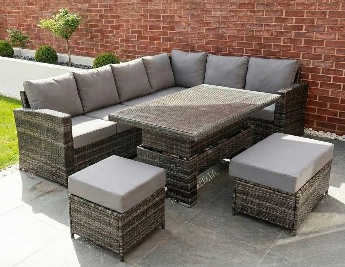 Kos Rattan Right Hand Corner Sofa, Rising Table, Stool & Bench - Mixed Grey / Light