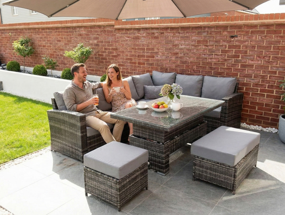 Kos Rattan Right Hand Corner Sofa, Rising Table, Stool & Bench - Mixed Grey / Light