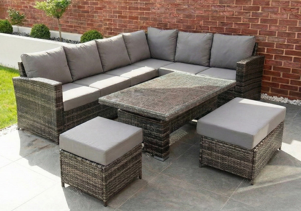 Kos Rattan Right Hand Corner Sofa, Rising Table, Stool & Bench - Mixed Grey / Light