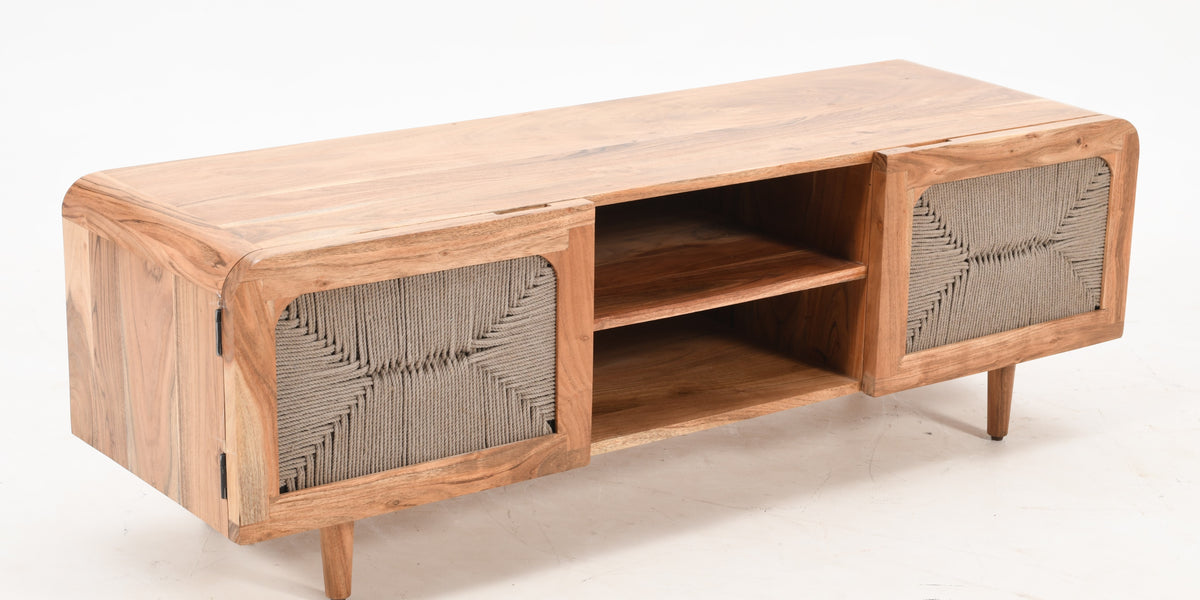 Kota 2 Door TV Unit - Solid Acacia Wood &amp; Handwoven Cord