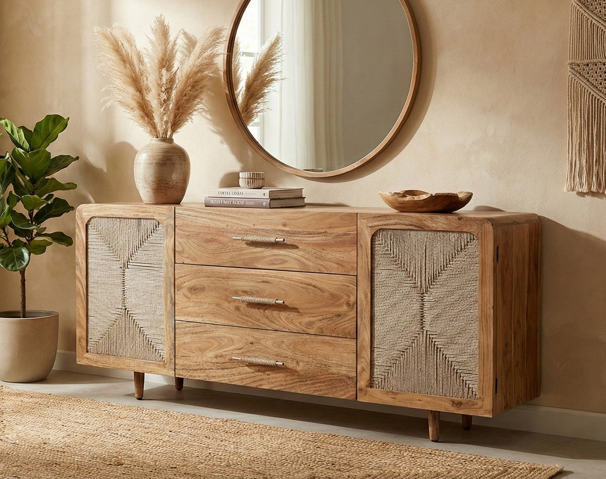 Kota 3 Drawer 2 Door Sideboard - Acacia Wood & Handwoven Cord