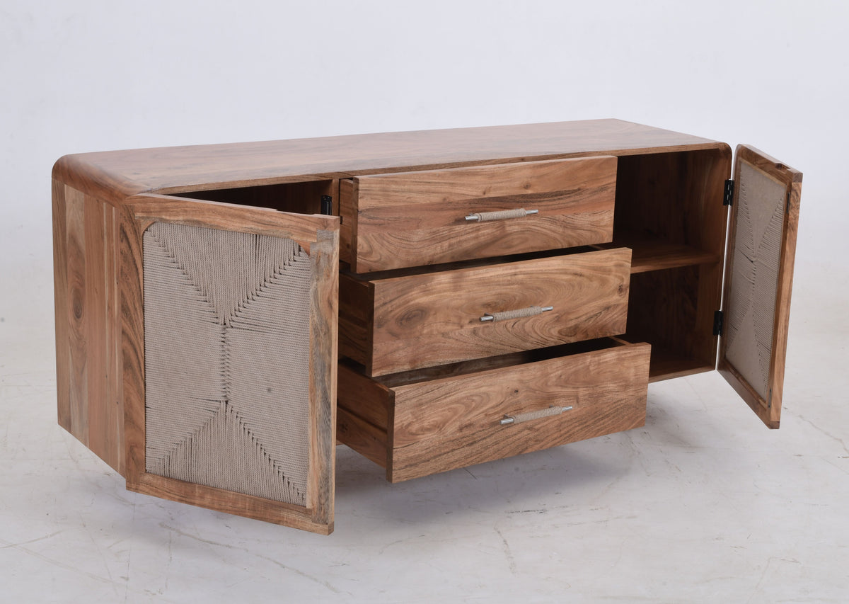 Kota 3 Drawer 2 Door Sideboard - Acacia Wood & Handwoven Cord