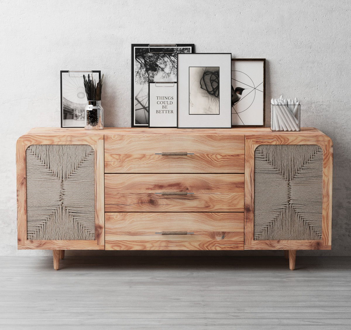 Kota 3 Drawer 2 Door Sideboard - Acacia Wood &amp; Handwoven Cord