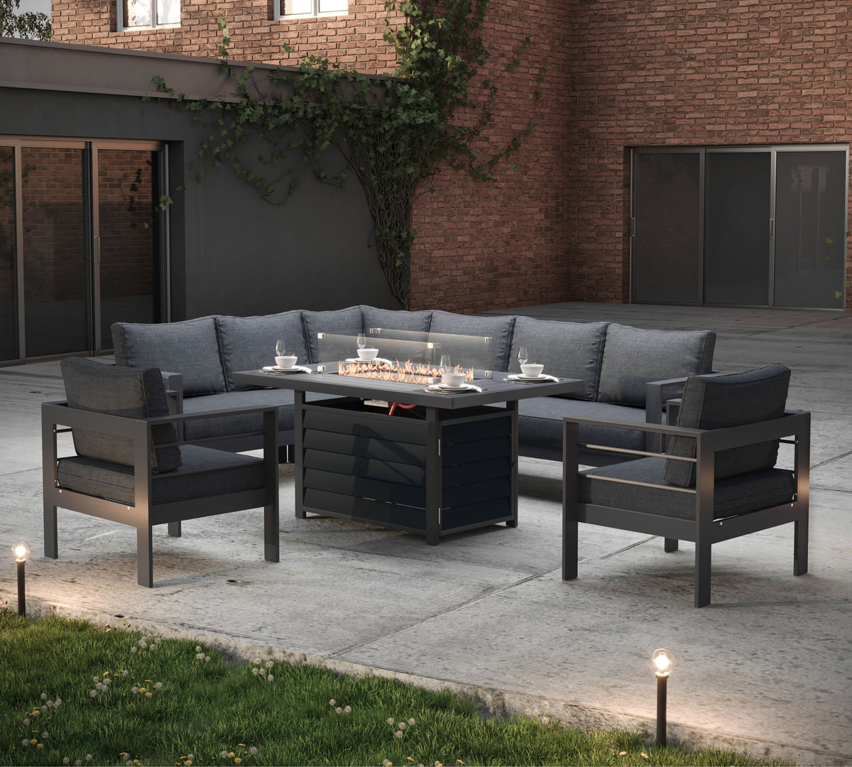 Aluminium Left Corner Sofa + 1 + 1 + Fire Pit Table Garden Set in Grey