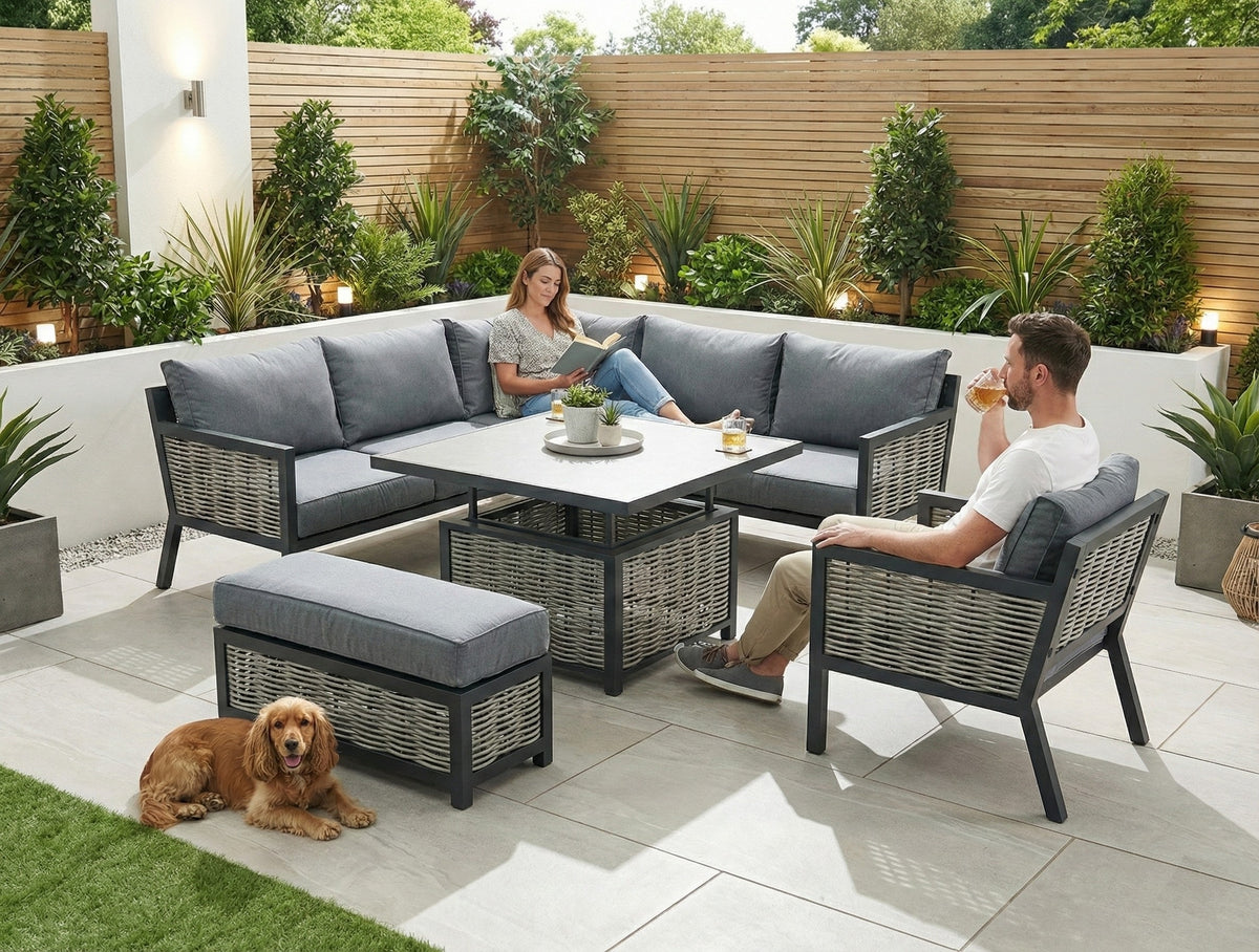 Lisbon Aluminium Corner Sofa, Chair, Bench & Rising Table Dining Set | Dark Grey