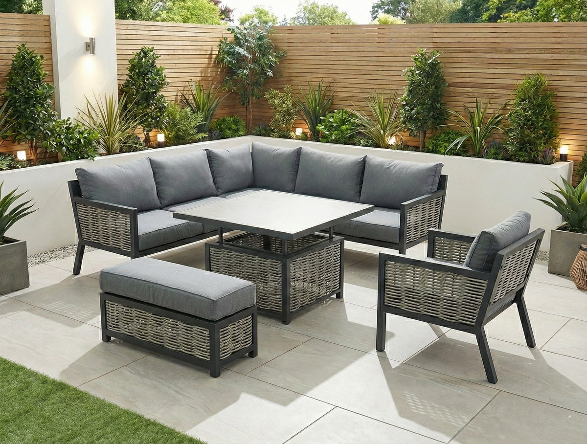 Lisbon Aluminium Corner Sofa, Chair, Bench & Rising Table Dining Set | Dark Grey