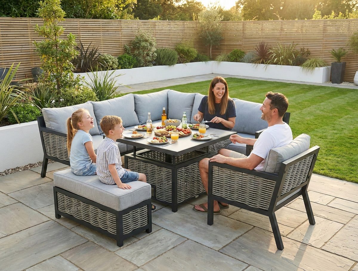 Lisbon Aluminium Corner Sofa, Chair, Bench & Rising Table Dining Set | Light Grey