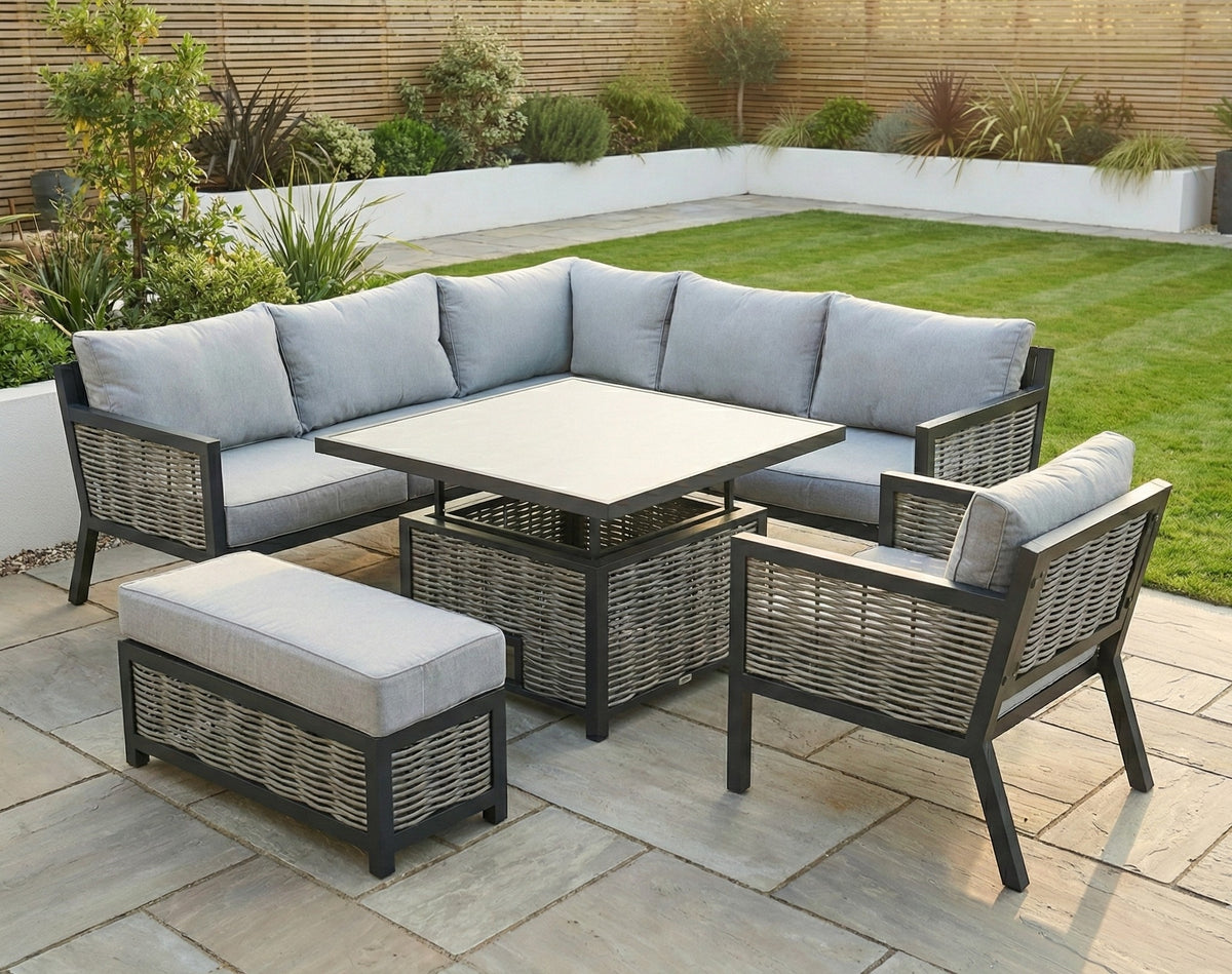 Lisbon Aluminium Corner Sofa, Chair, Bench & Rising Table Dining Set | Light Grey