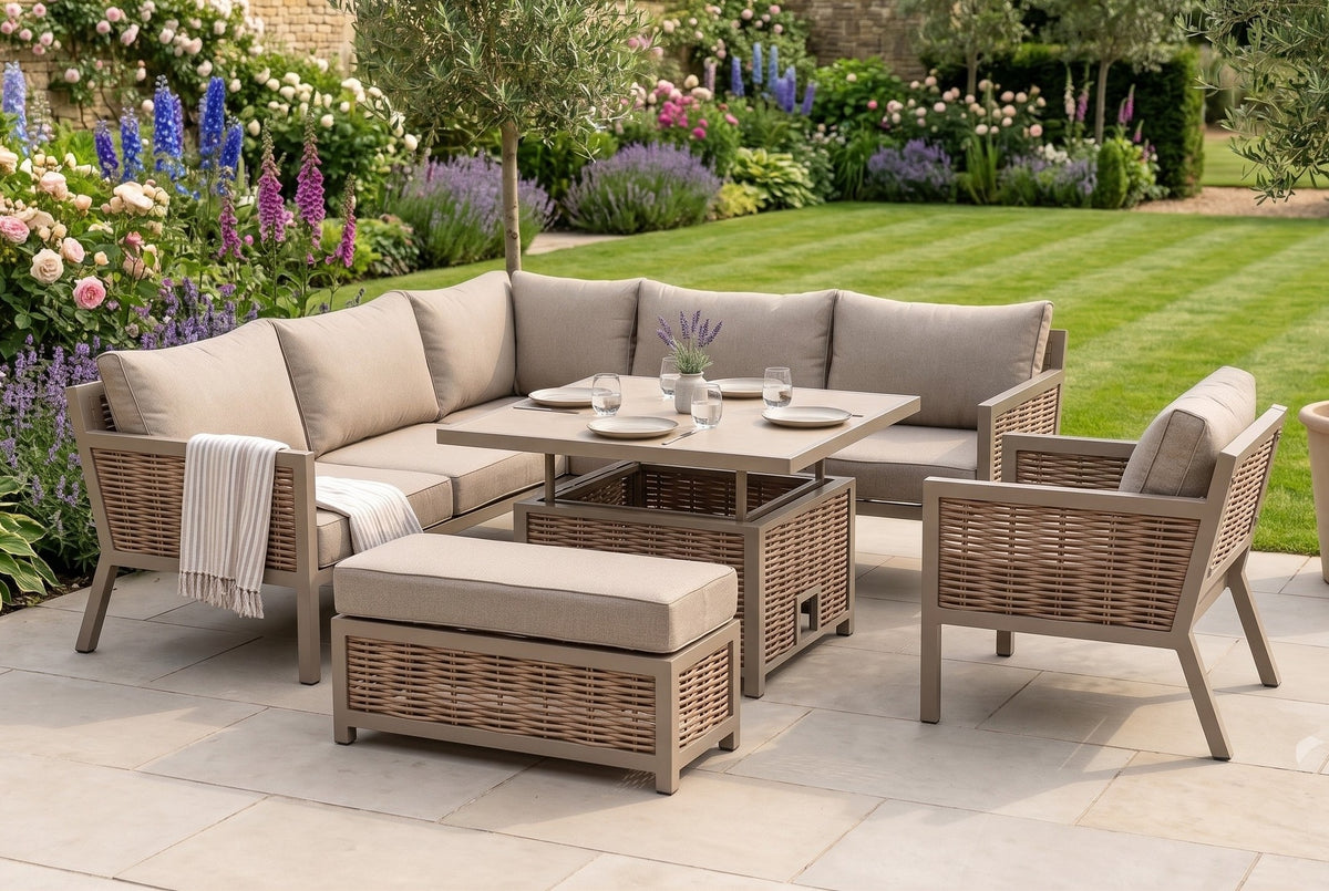 Lisbon Aluminium Corner Sofa, Chair, Bench & Rising Ceramic Table | Taupe / Beige