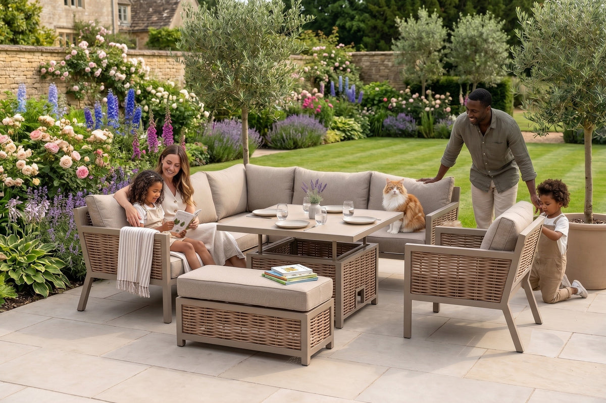 Lisbon Aluminium Corner Sofa, Chair, Bench & Rising Ceramic Table | Taupe / Beige