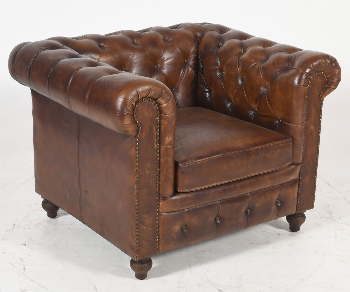 Louis Chesterfield Armchair | Brown Real Genuine Leather