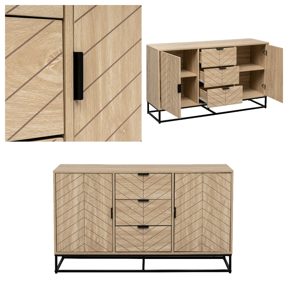 Luis Industrial Parquet Sideboard 3 Drawers &amp; 2 Doors - Oak Effect Casa Maria Designs 