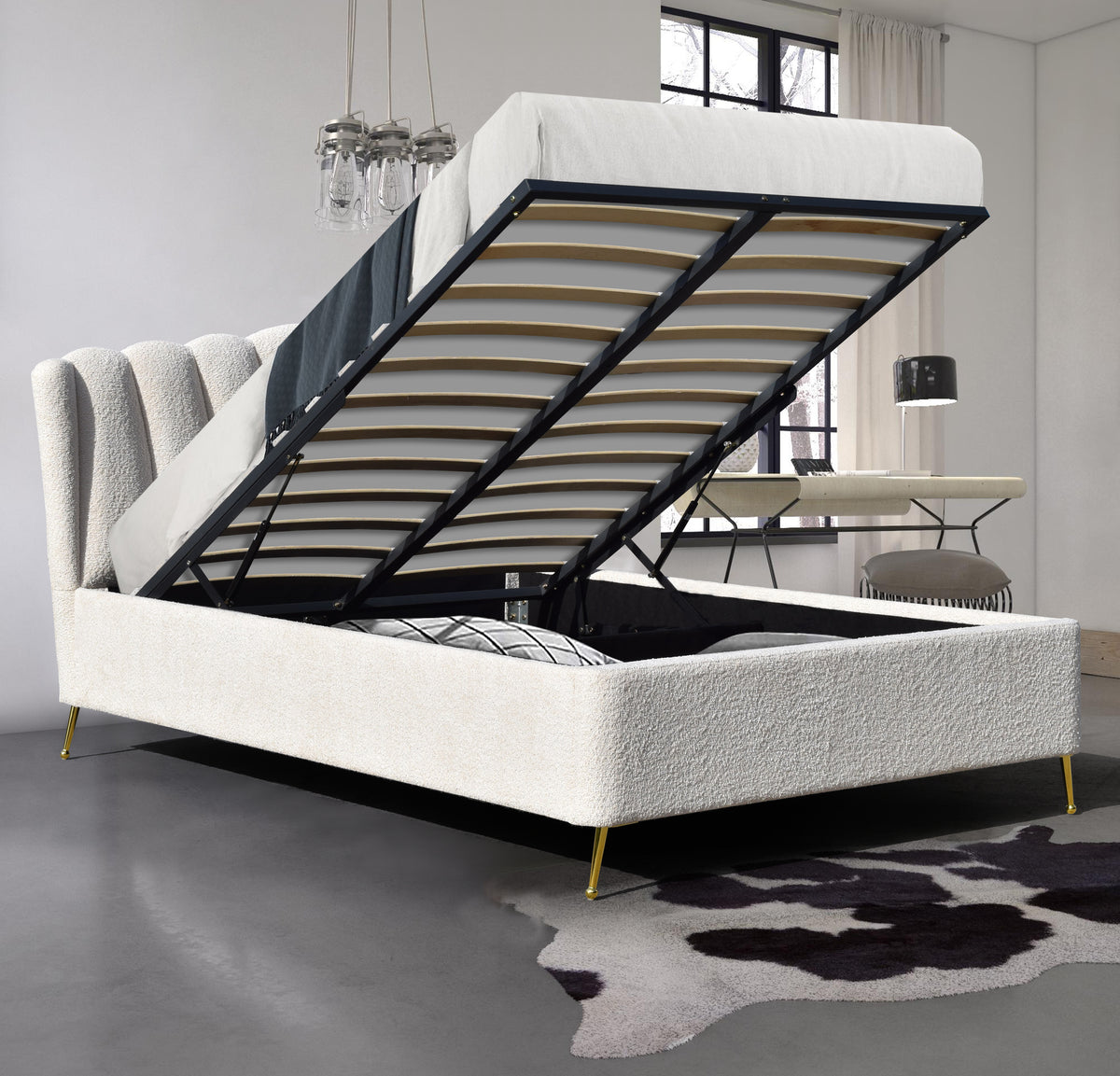 Luna Ottoman Storage Bed - Bouclé &quot;Teddy&quot; Fabric - Size: 4ft 6&quot; Double