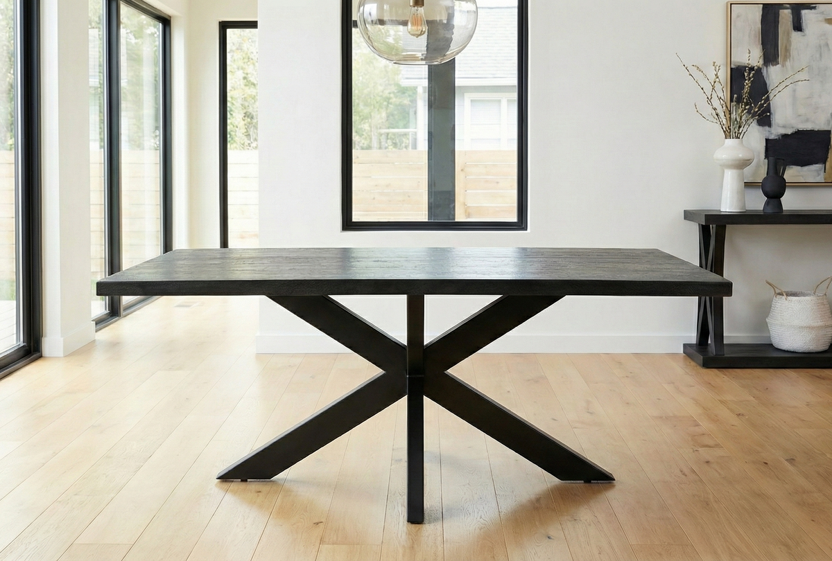 Rectangle Solid Mango Wood (Black Stained) Dining Table | Black Iron X Base - 160cms
