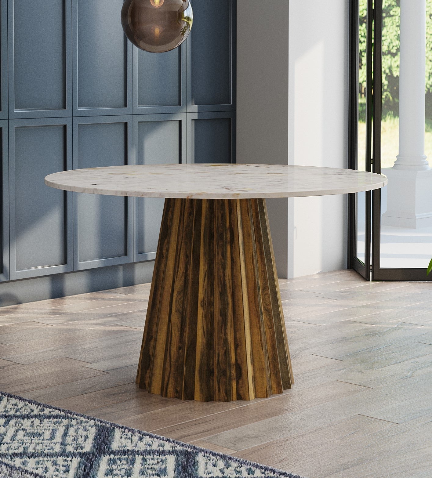 Tulsi Round Flute Design Solid Mango Dining Table with Real Marble Top - Natural Casa Maria Designs 