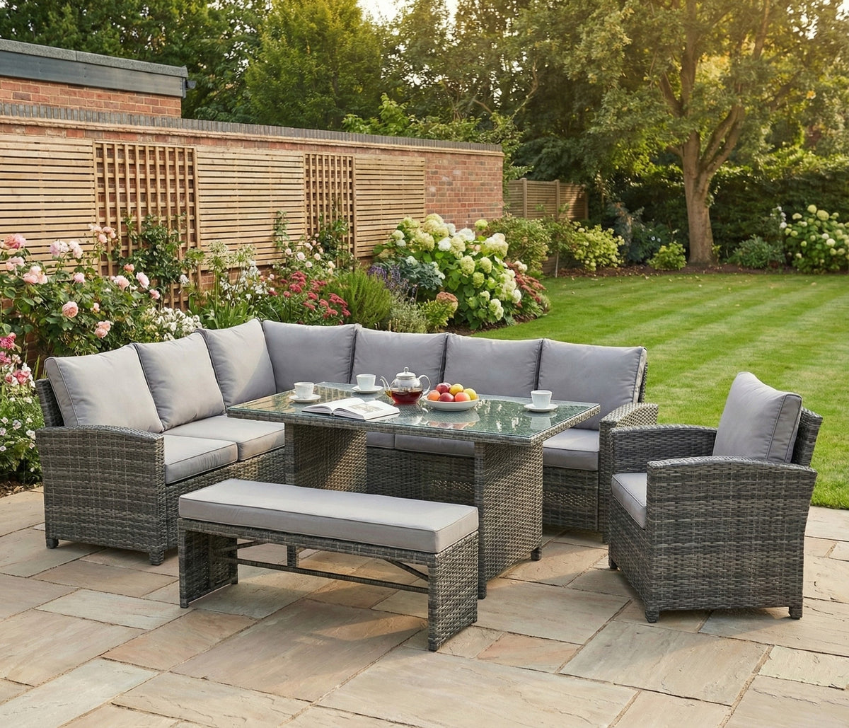 Miami Rattan Garden Furniture Set - Left Hand Corner Sofa | Mixed Grey / Light