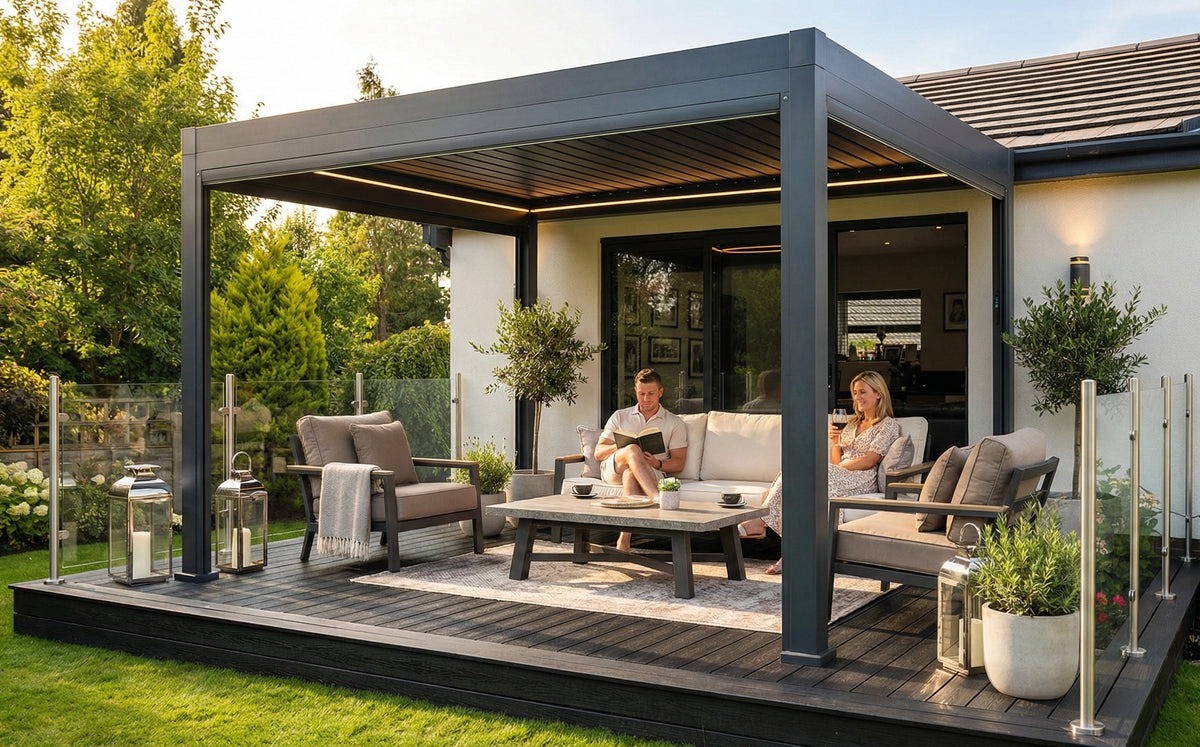 LuxShade™ 3×4m Aluminium Pergola with LEDs, Double-Layered Louvred Roof