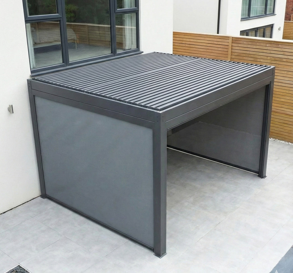 MotaShade™ 3×4m Motorised Aluminium Pergola – Double‑Layer Louvers, LEDs & 3 Zip Blinds