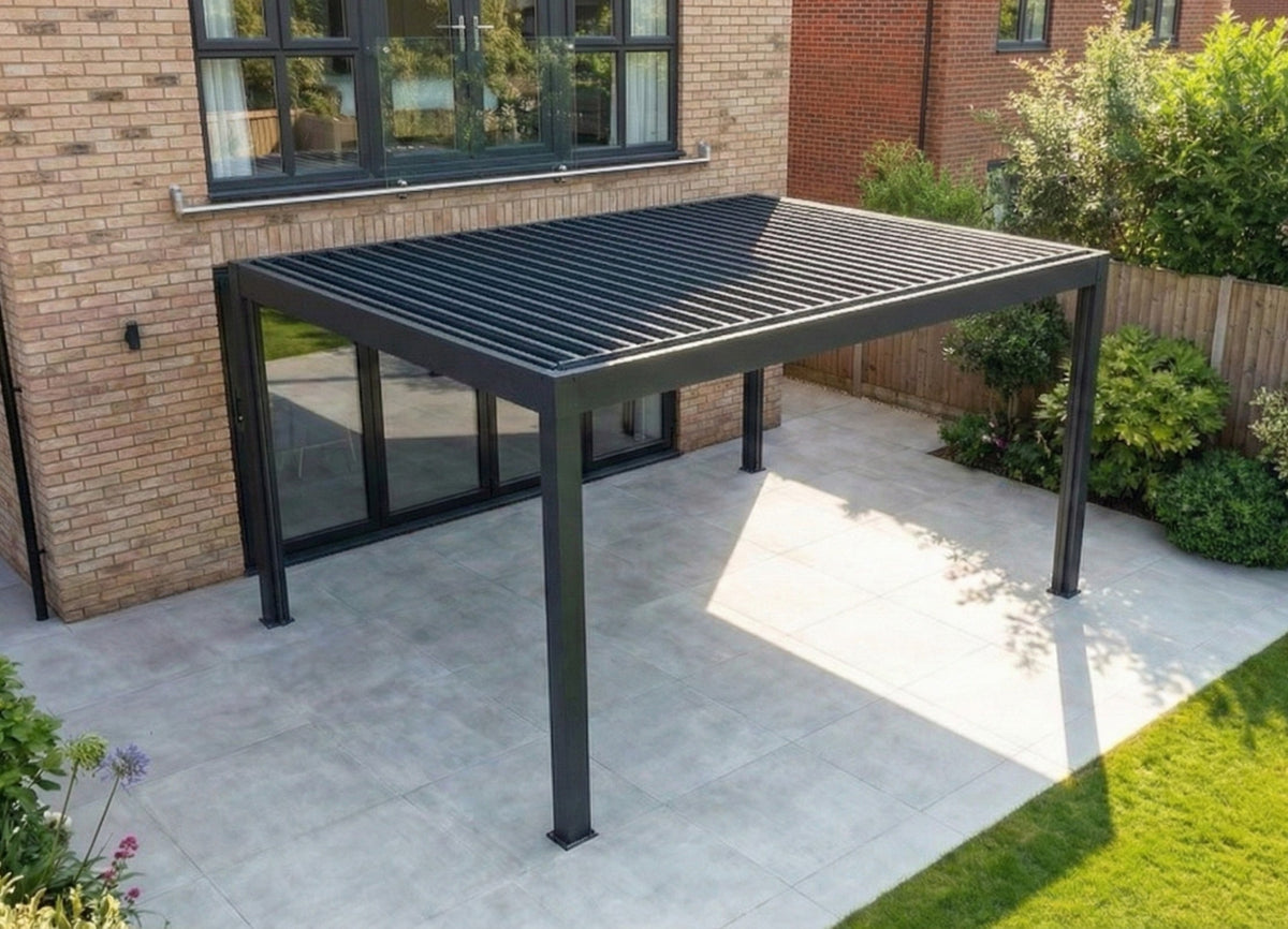MotaShade™ 3×4m Motorised Aluminium Pergola – Double‑Layer Louvers, LED Lighting