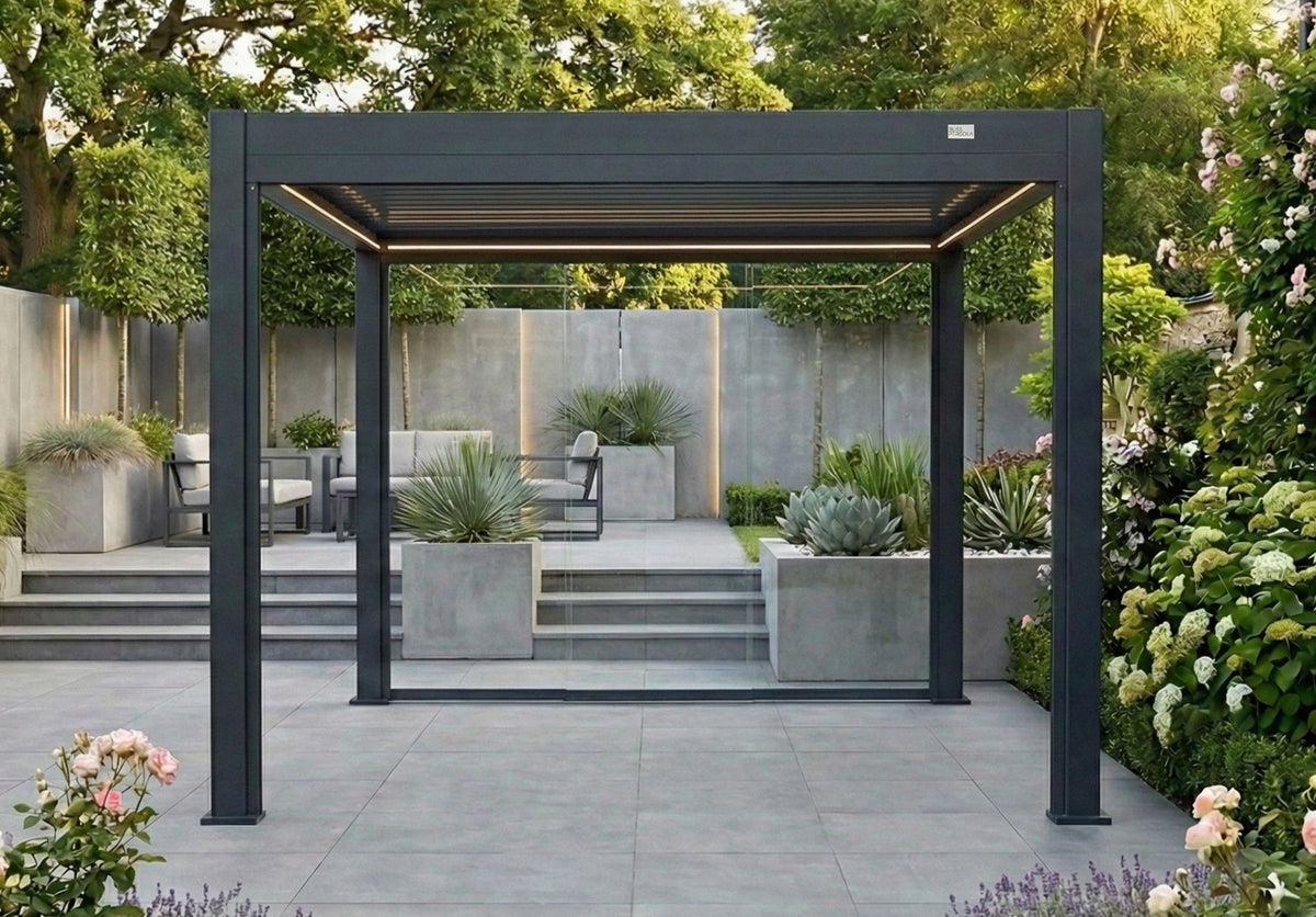 MotaShade™ 3×3m Motorised LED Aluminium Pergola – Double‑Layer  Louvres