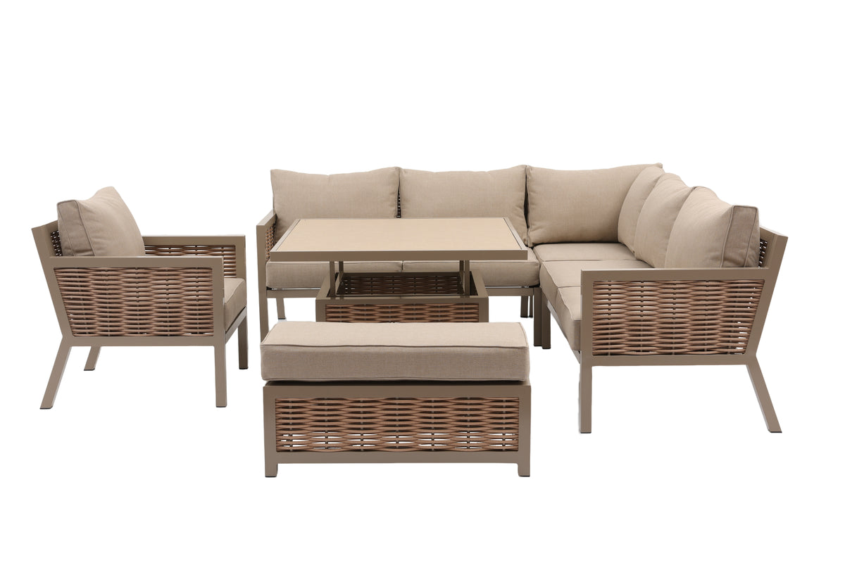 Lisbon Aluminium Corner Sofa, Chair, Bench & Rising Ceramic Table | Taupe / Beige
