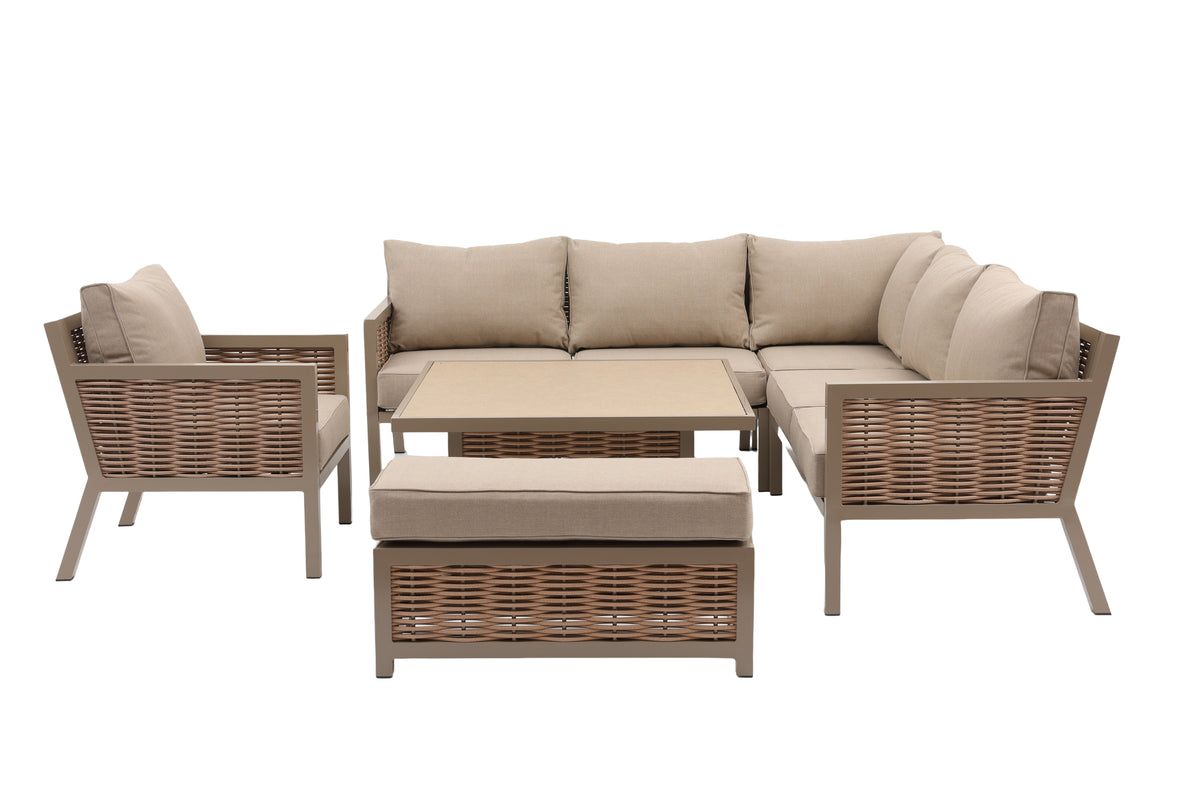 Lisbon Aluminium Corner Sofa, Chair, Bench & Rising Ceramic Table | Taupe / Beige