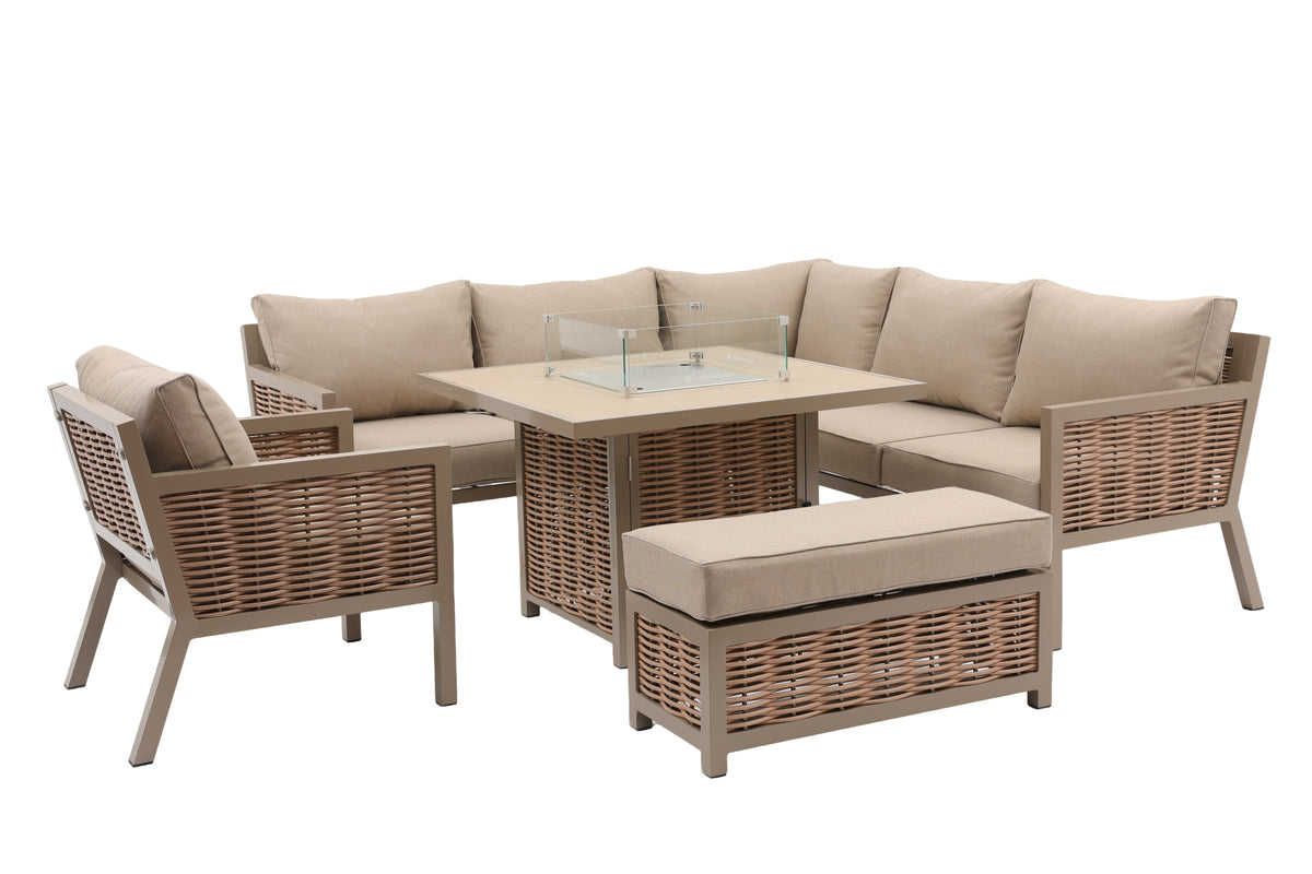 Porto Aluminium Corner Sofa, Chair, Bench with Ceramic Fire Pit Table Taupe / Beige