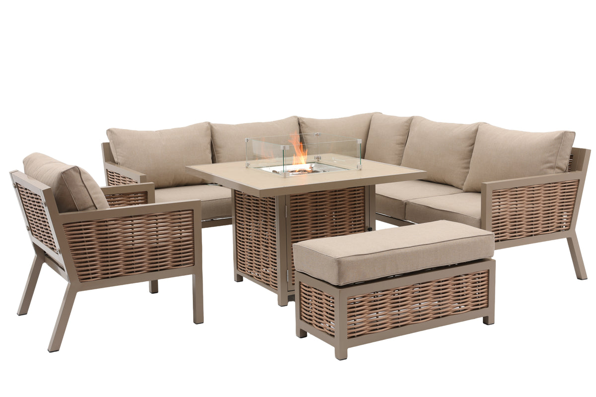 Porto Aluminium Corner Sofa, Chair, Bench with Ceramic Fire Pit Table Taupe / Beige