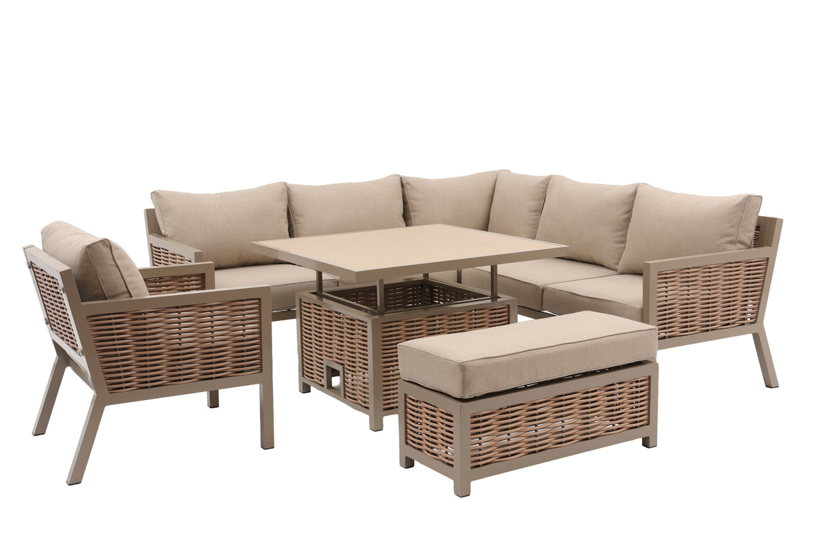 Lisbon Aluminium Corner Sofa, Chair, Bench & Rising Ceramic Table | Taupe / Beige
