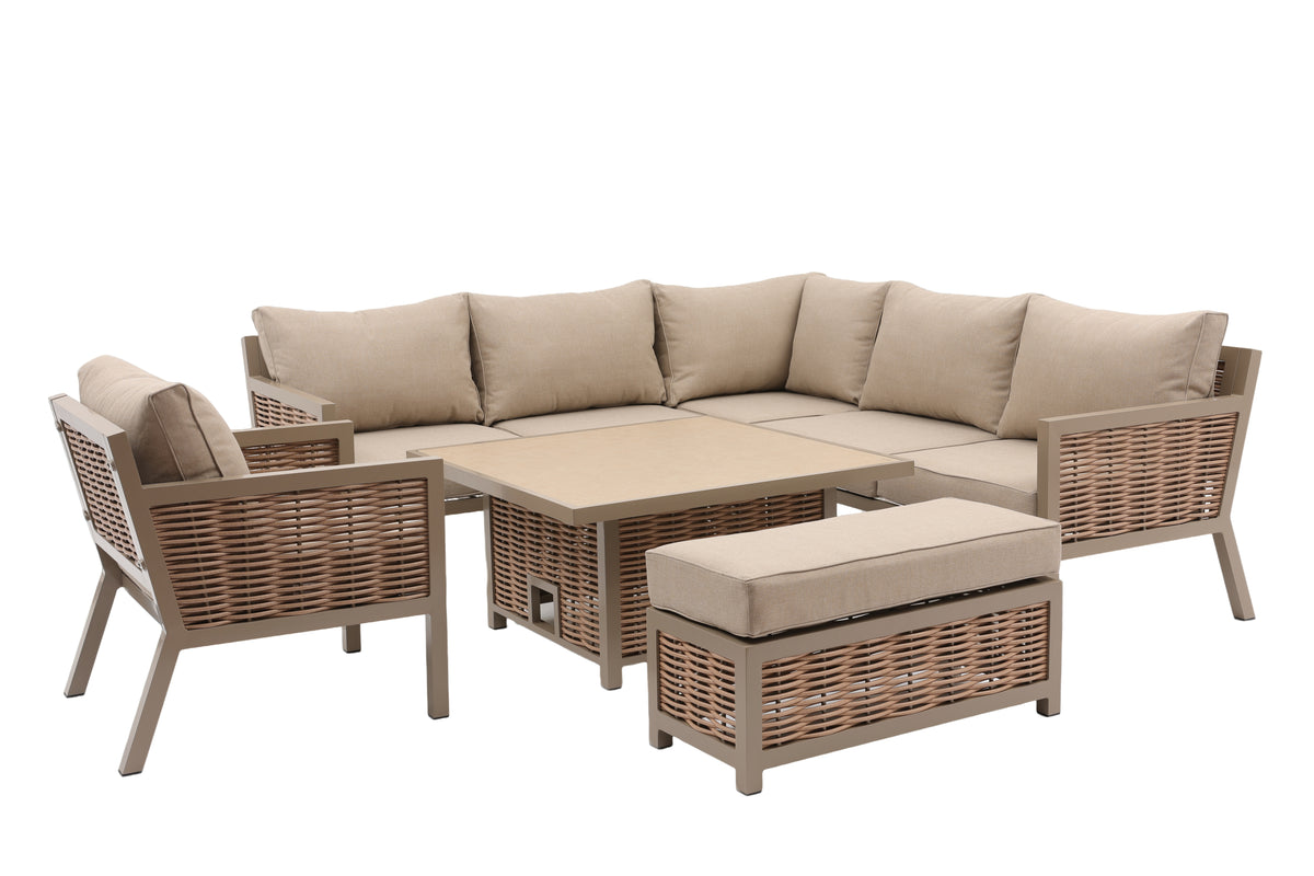 Lisbon Aluminium Corner Sofa, Chair, Bench & Rising Ceramic Table | Taupe / Beige