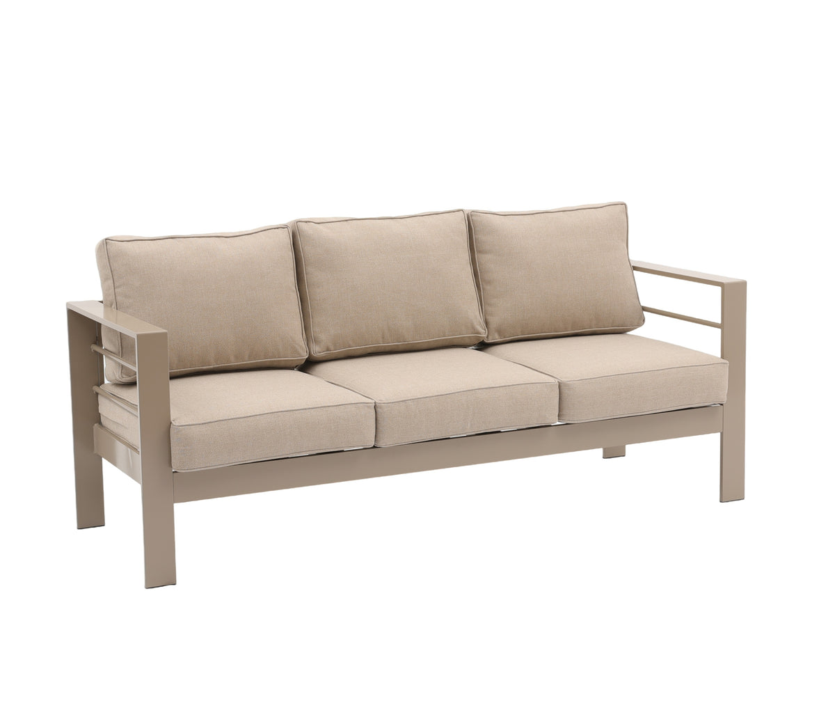 Modern 7-Seater Aluminium Fire Pit Lounge Set (3 & 2 Seater, 2 Chairs) – Taupe / Natural
