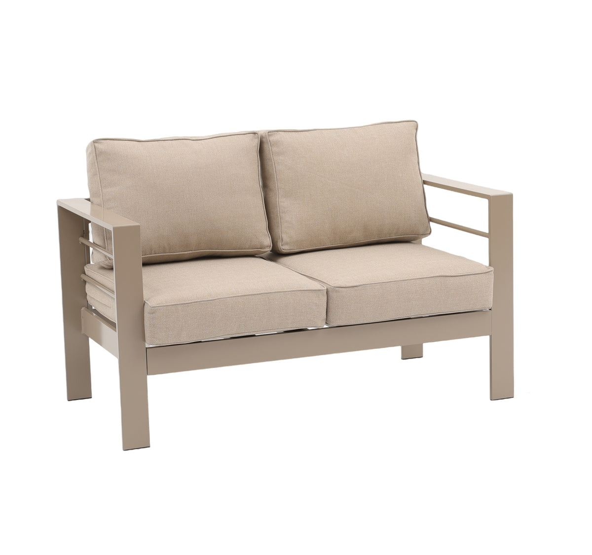 Modern 7-Seater Aluminium Fire Pit Lounge Set (3 & 2 Seater, 2 Chairs) – Taupe / Natural
