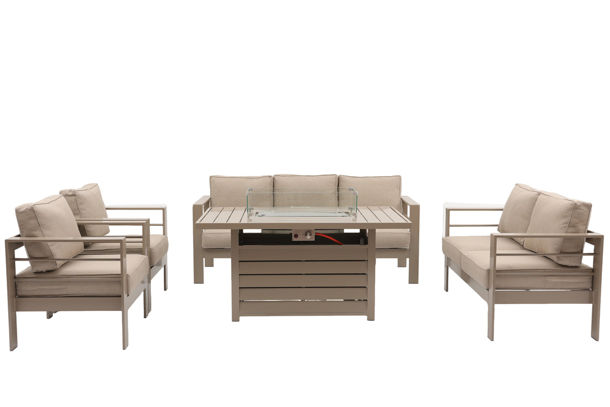 Modern 7-Seater Aluminium Fire Pit Lounge Set (3 & 2 Seater, 2 Chairs) – Taupe / Natural
