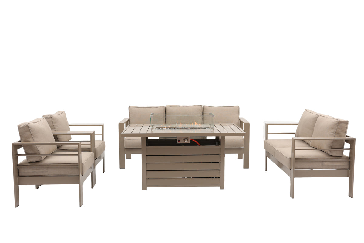 Modern 7-Seater Aluminium Fire Pit Lounge Set (3 & 2 Seater, 2 Chairs) – Taupe / Natural