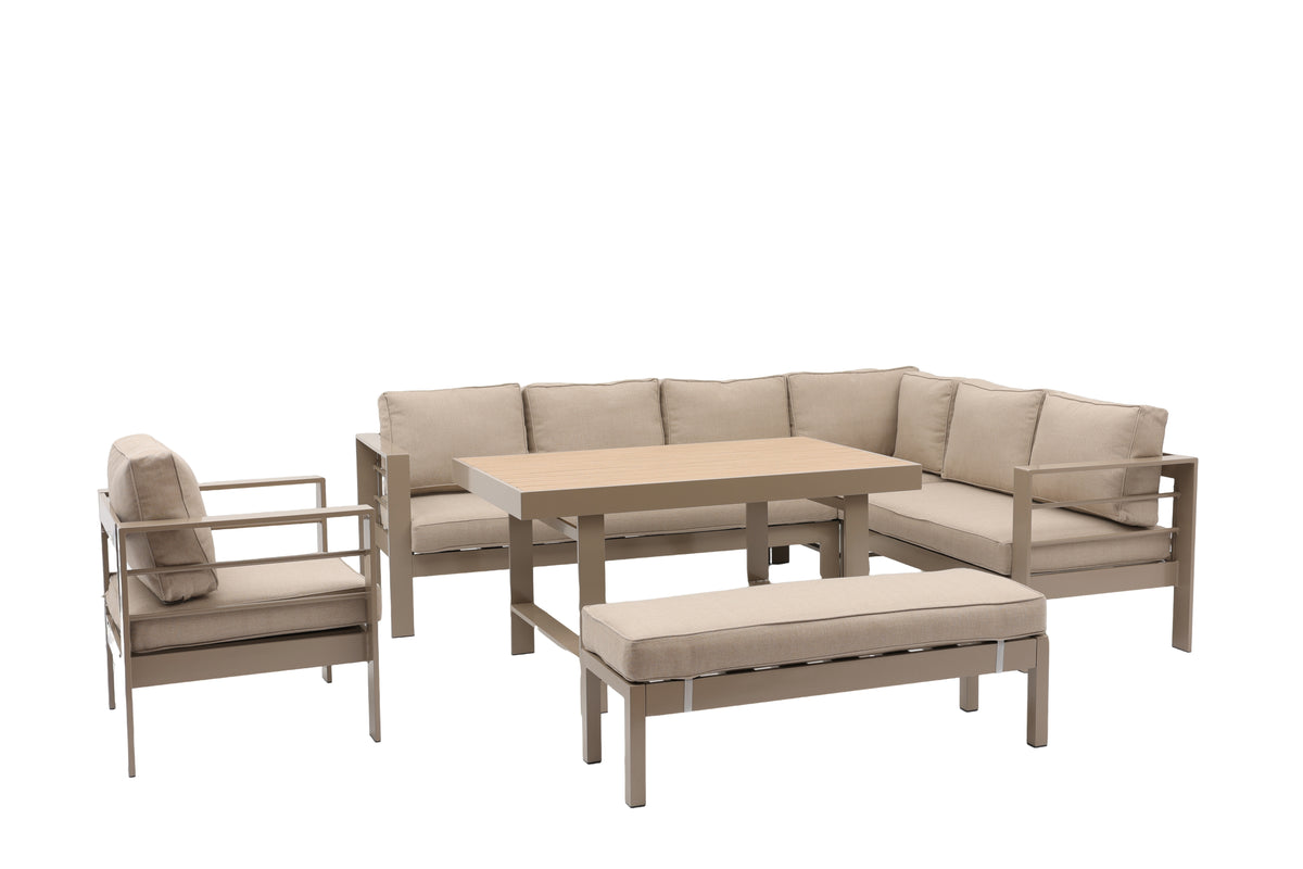 Aluminium Right Hand Corner Garden Sofa & Dining Set with Bench – Taupe / Natural