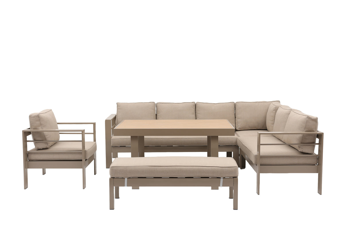 Aluminium Right Hand Corner Garden Sofa & Dining Set with Bench – Taupe / Natural