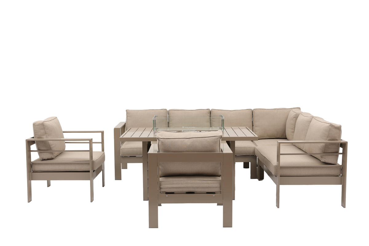 Aluminium Right-Hand Corner Garden Sofa Set with Fire Pit Table & Armchairs – Taupe / Natural (Copy)